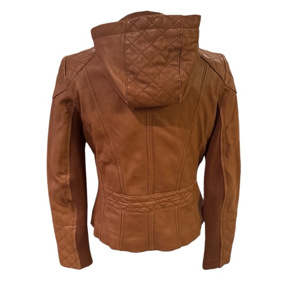 Michael Kors Women's Brown Leather Hooded Moto Jacket Size M - Picture 3 of 16